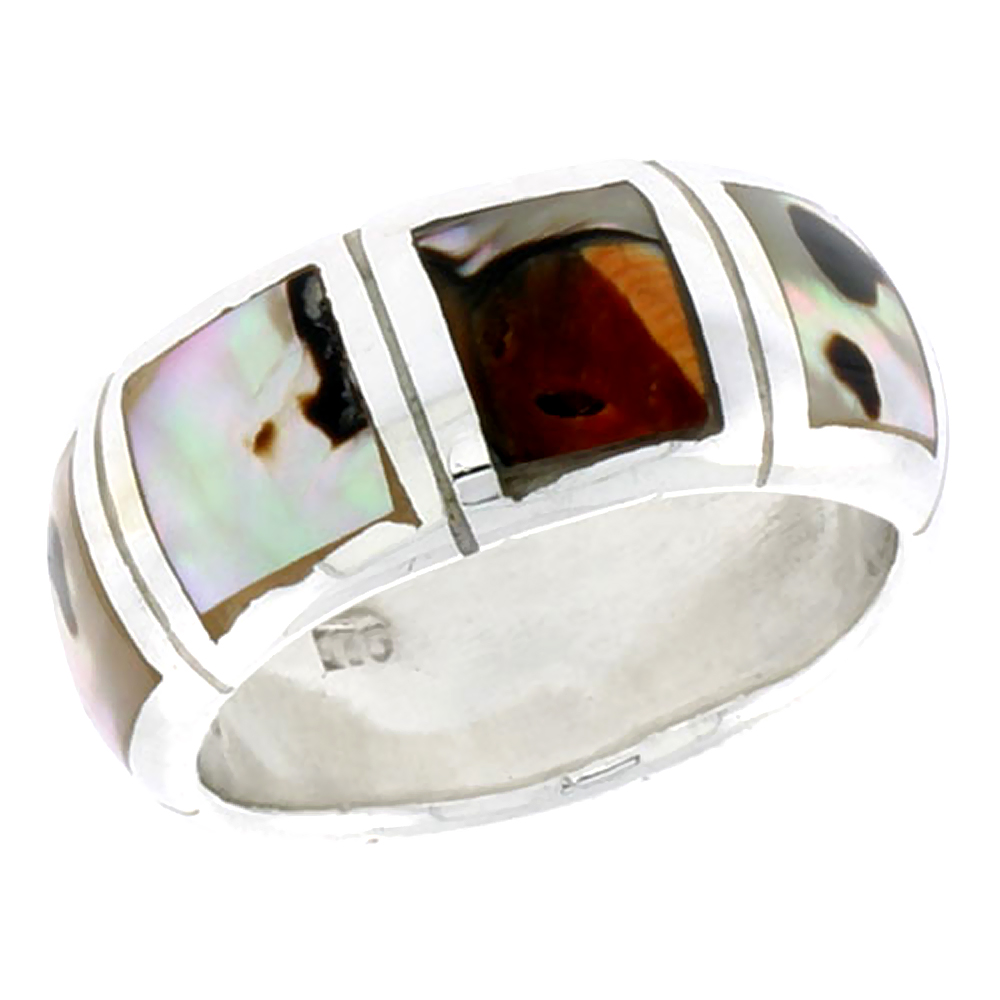 STERLING SILVER DOME BAND, W/COLORFUL MOTHER OF PEARL INLAY, 3/8" (10 MM) WIDE