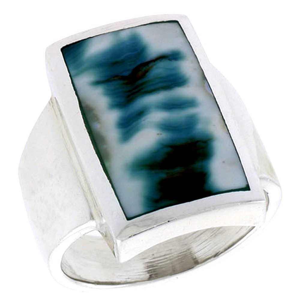 STERLING SILVER RECTANGULAR SHELL RING, W/BLUE-GREEN MOTHER OF PEARL INLAY, 7/8" (22 MM) WIDE