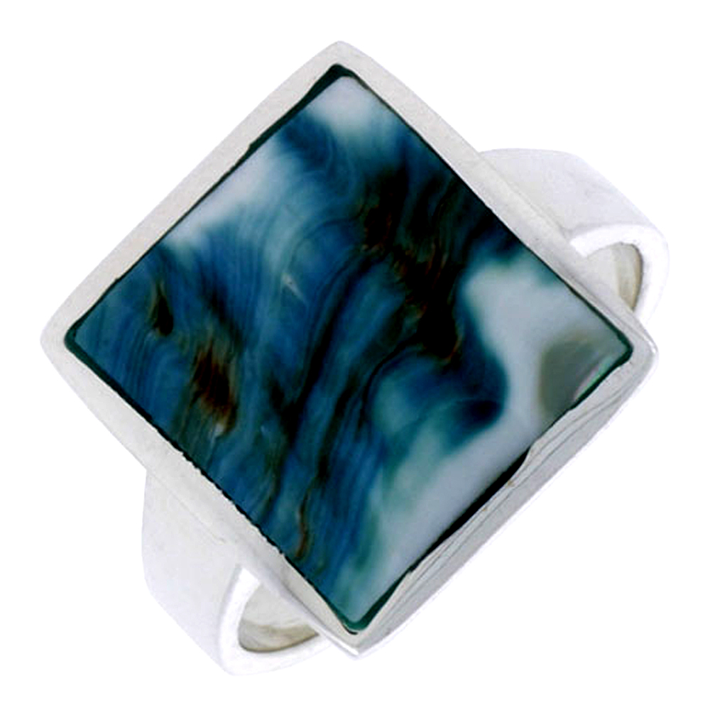 STERLING SILVER SQUARE SHAPE SHELL RING, W/BLUE-GREEN MOTHER OF PEARL INLAY, 11/16" (17 MM) WIDE
