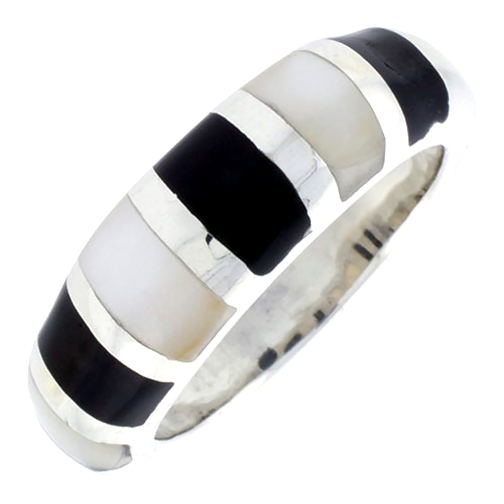 STERLING SILVER STRIPED BAND, W/BLACK & WHITE MOTHER OF PEARL INLAY, 5/16" (8 MM) WIDE
