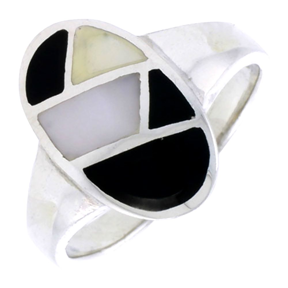 STERLING SILVER OVAL SHELL RING, W/BLACK & WHITE MOTHER OF PEARL INLAY, 11/16" (17 MM) WIDE