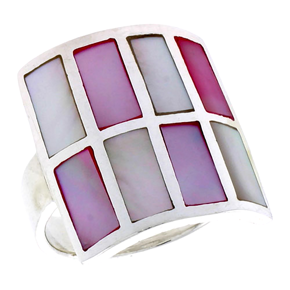STERLING SILVER SQUARE-SHAPED SHELL RING, W/PINK & WHITE MOTHER OF PEARL INLAY, 15/16" (24 MM) WIDE