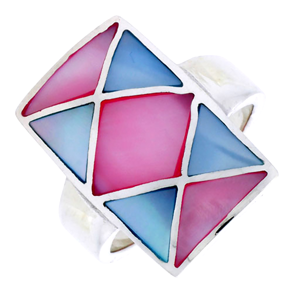 STERLING SILVER CRISSCROSS DESIGN RECTANGULAR SHELL RING, W/PINK & BLUE MOTHER OF PEARL INLAY, 1" (25 MM) WIDE
