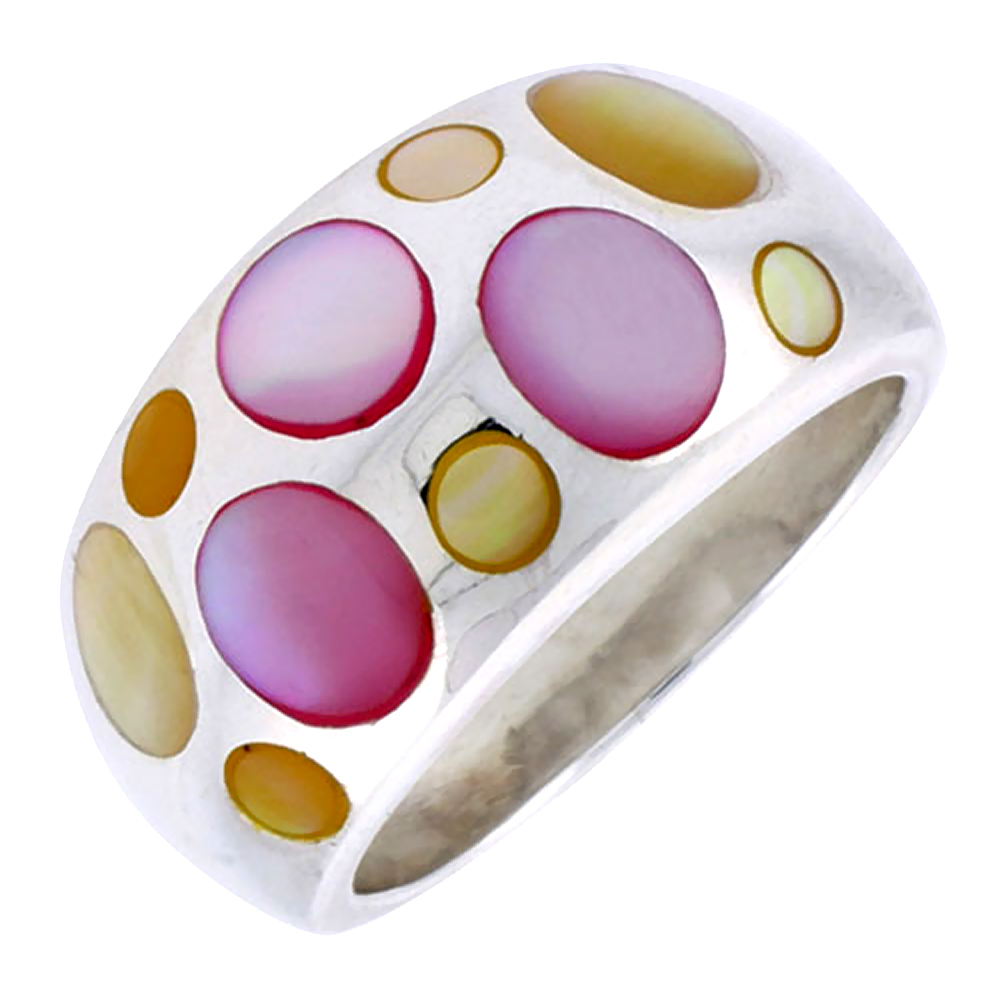 STERLING SILVER BUBBLE DESIGN DOME SHELL RING, W/COLORFUL MOTHER OF PEARL INLAY, 1/2" (13 MM) WIDE