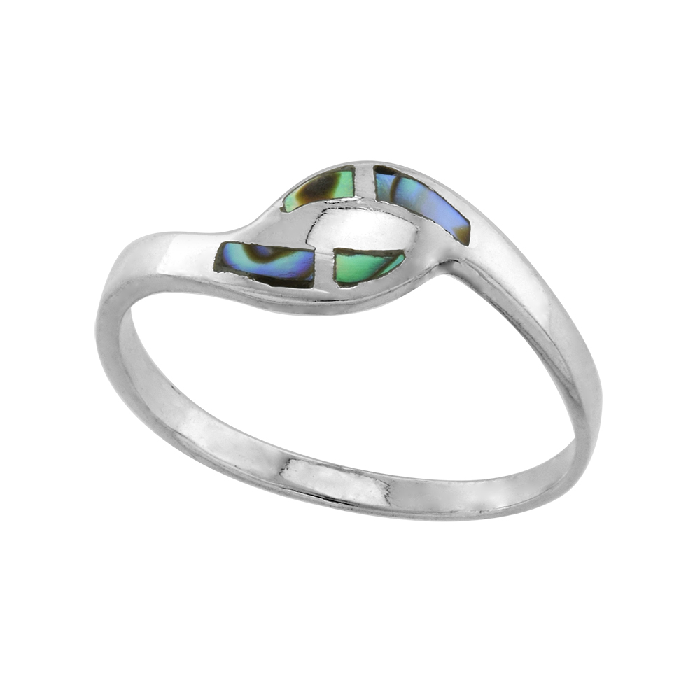 Dainty 1/4 inch Sterling Silver 4-Stone Inlay Bypass Abalone Shell Ring for Women and Girls sizes 3.5-10.5