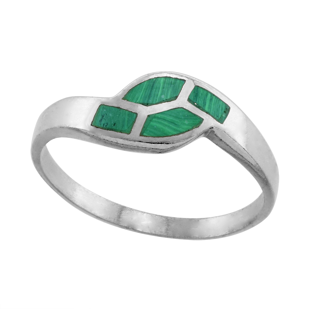 Dainty 1/4 inch Sterling Silver 4-Stone Inlay Bypass Malachite Ring for Women and Girls sizes 3.5-10.5