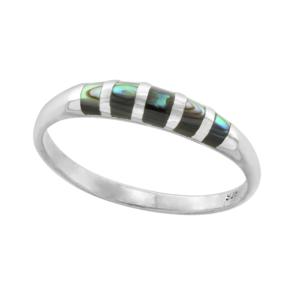 TINY 1/8 INCH STERLING SILVER DOMED 5 STONE INLAY ABALONE SHELL RING FOR WOMEN & TEENS SIZES 4-10.5
