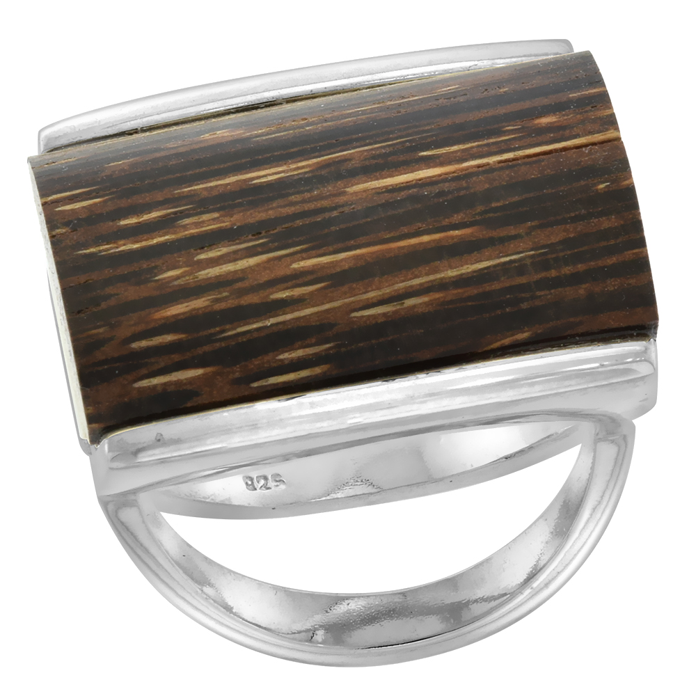 Sterling Silver Rectangular Tiger Wood Ring for Women 5/8 inch wide sizes 6-10