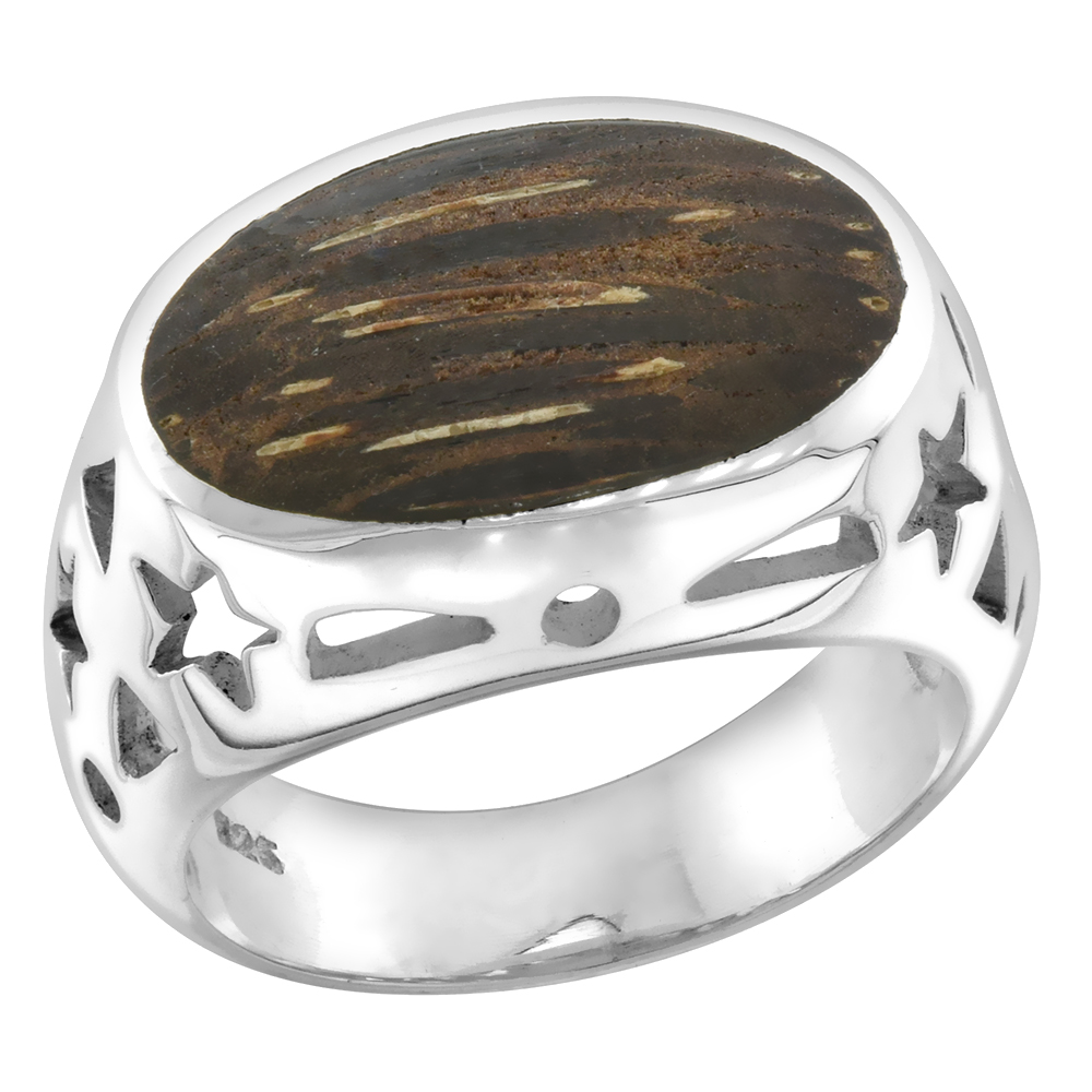Sterling Silver Oval shaped Tiger Wood Ring Ancient Wood Inlay & Teeny Star Cut Outs 9/16 inch wide sizes 6-10