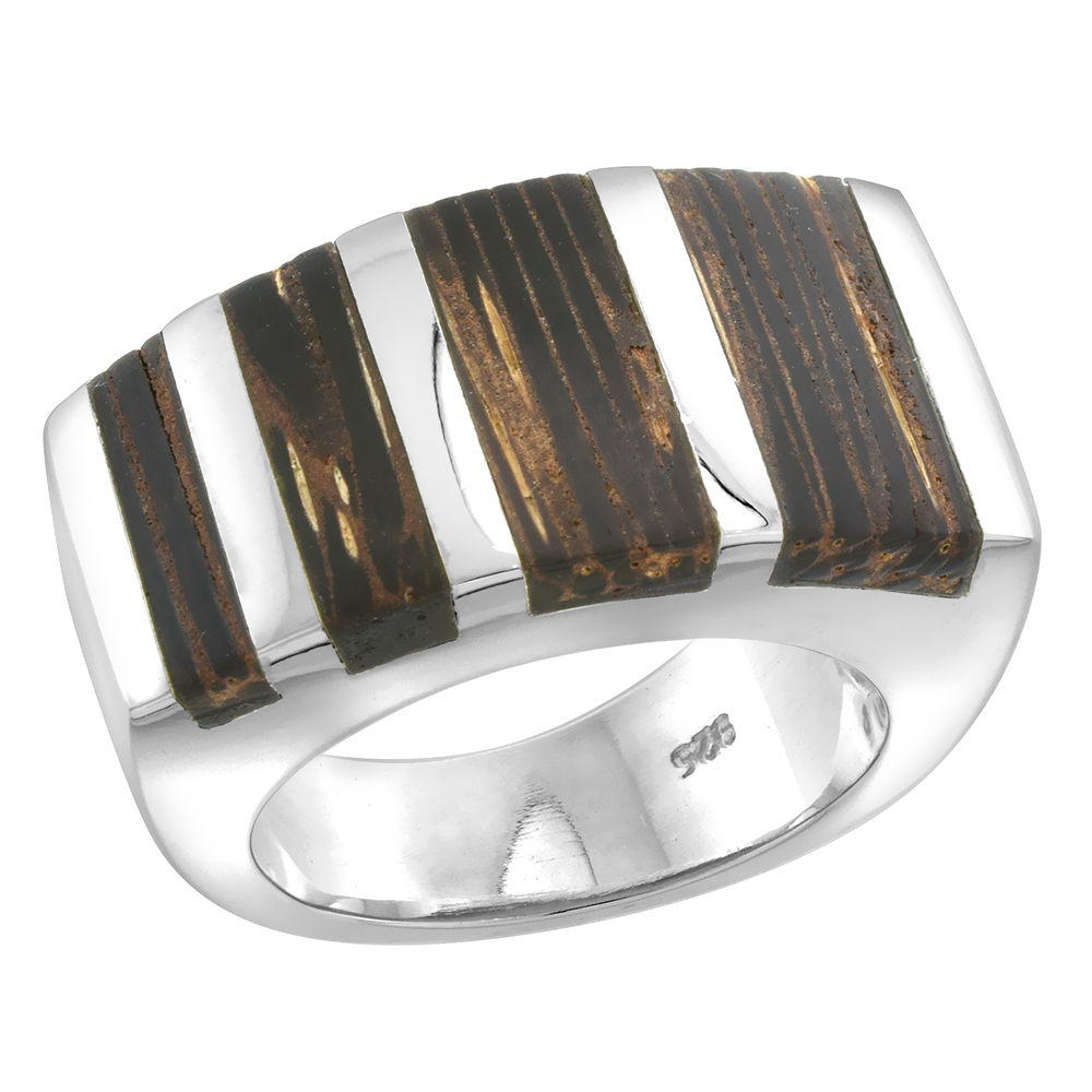 Sterling Silver Striped Rectangular Tiger Wood Ring for Women 9/16 inch wide sizes 6-10