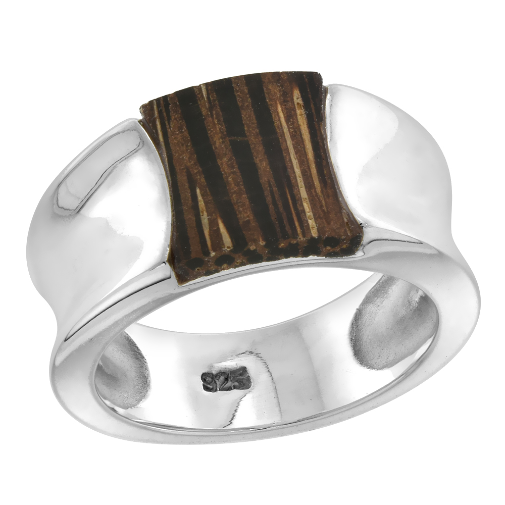 Sterling Silver Concave Tiger Wood Ring for Women 3/8 inch wide sizes 6-10