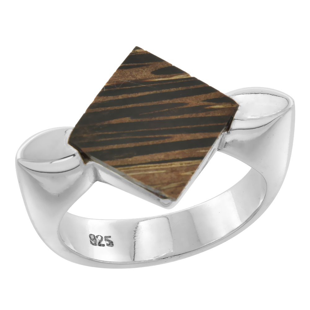 Sterling Silver Diamond shaped Tiger Wood Ring for Women 9/16 inch wide sizes 6-10