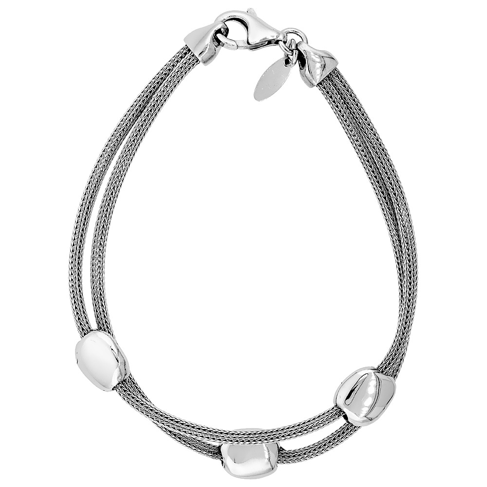 Sterling Silver Mesh Bracelet 2 strand with 3 Flat Beads Rhodium Finish, 7 inch long