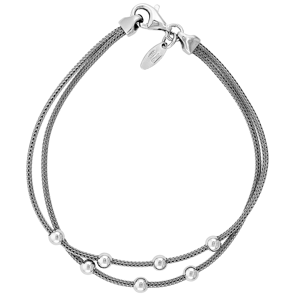 Sterling Silver Mesh Bracelet 2 strand with 7 Beads Rhodium Finish, 7 inch long