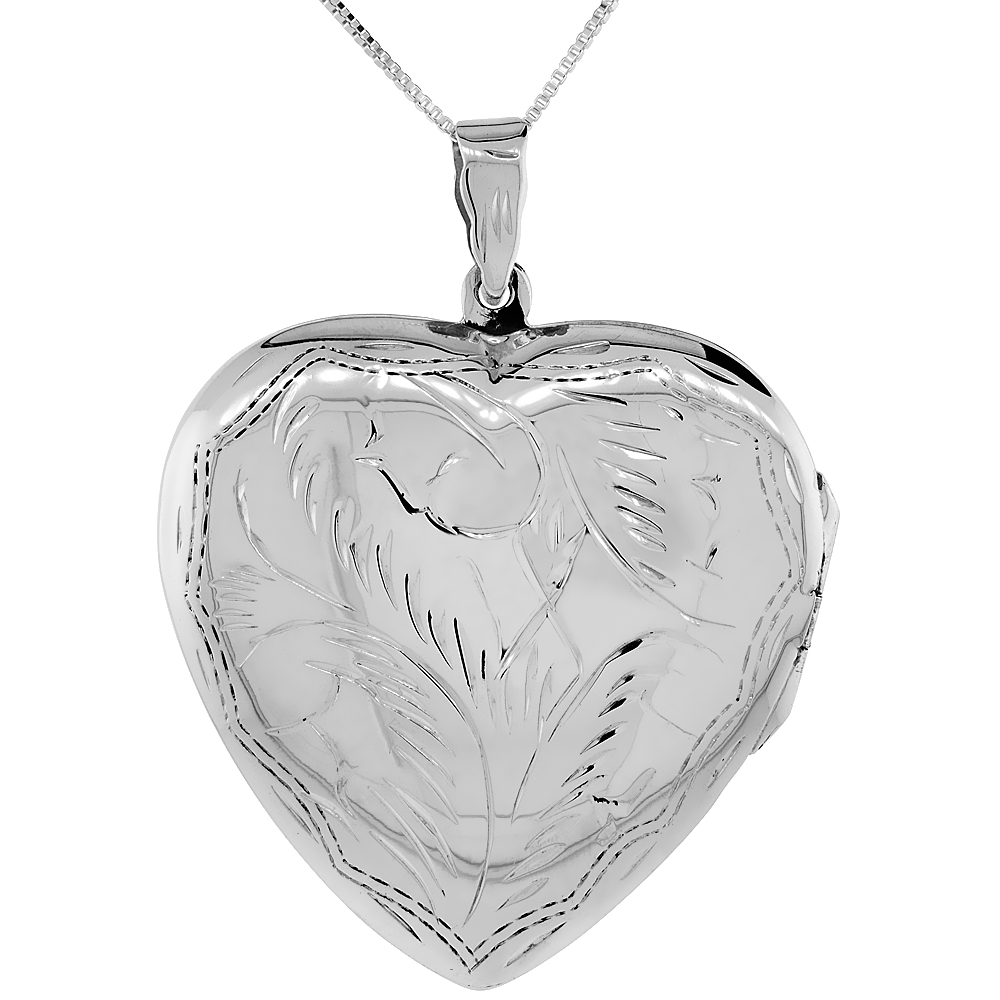 1 1/2 inch Extra Large Sterling Silver Engraved Heart Locket Necklace for Women Handmade Available with or without Chain