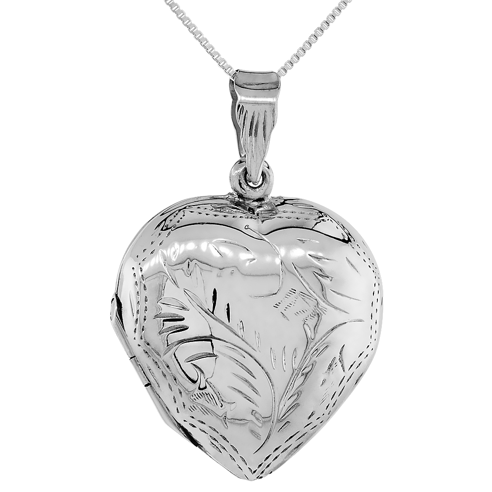 1 1/8 inch Large Sterling Silver Engraved Heart Locket Necklace for Women Handmade Available with or without Chain