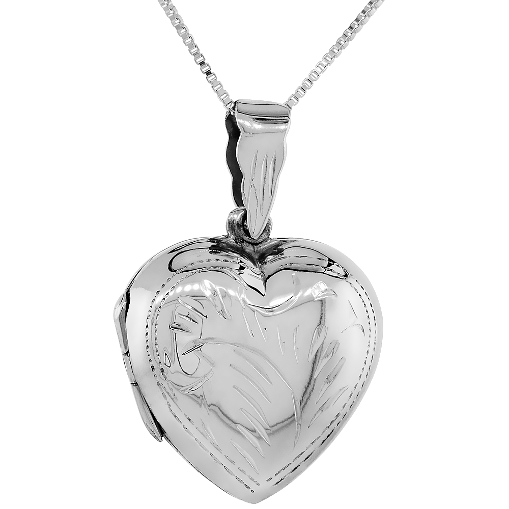 7/8 inch Sterling Silver Engraved Heart Locket Necklace for Women Handmade Available with or without Chain