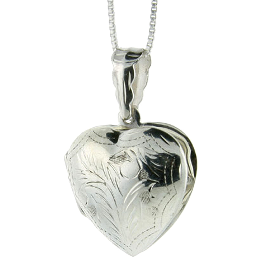 3/4 inch Sterling Silver Engraved Heart Locket Necklace for Women Handmade Available with or without Chain