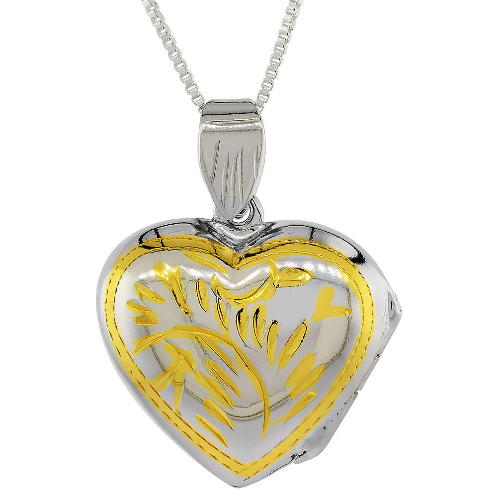 3/4 inch Two Tone Sterling Silver Engraved Heart Locket Pendant for Women Handmade No Chain Included