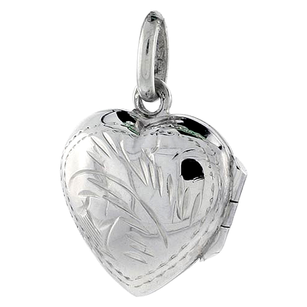 9/16 inch Tiny Sterling Silver Engraved Puffy Heart Locket Pendant for Women Handmade No Chain Included