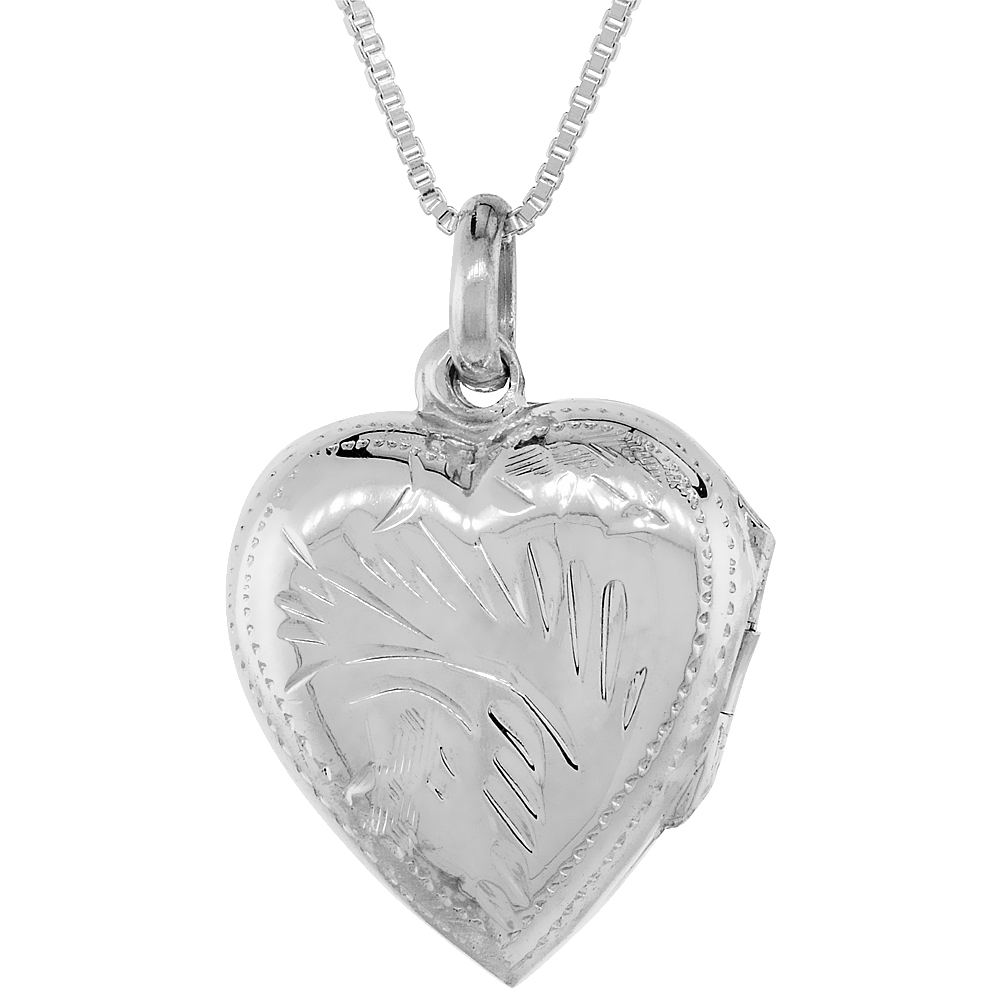 Small 5/8 inch Sterling Silver Engraved Heart Locket Necklace for Women Handmade Available with or without Chain