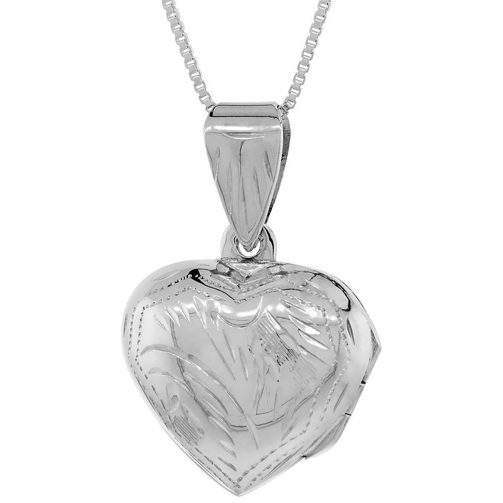 Small 3/4 inch Sterling Silver Engraved Heart Locket Necklace for Women Handmade Available with or without Chain