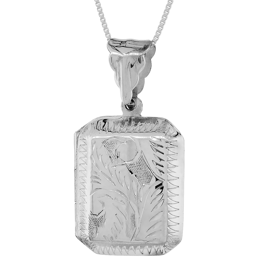 Sterling Silver Engraved 3/4 x 7/8 inch Octagon Locket Necklace for Women Handmade Available with or without Chain