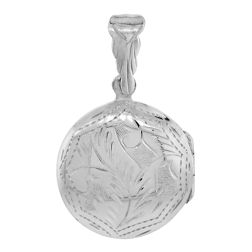 Sterling Silver Engraved 7/8 inch Round Locket Necklace for Women Handmade Available with or without Chain