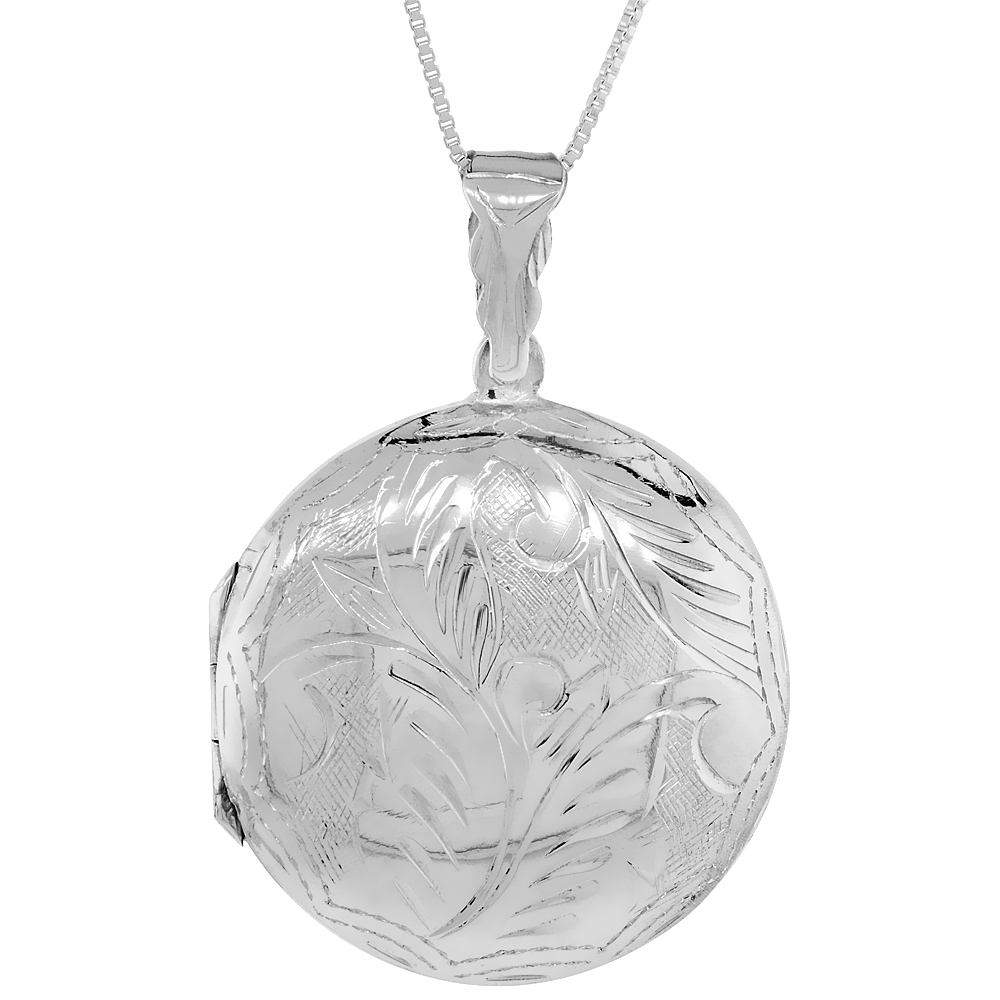 Large Sterling Silver Engraved 1 3/16 inch Round Locket Necklace for Women Handmade Available with or without Chain