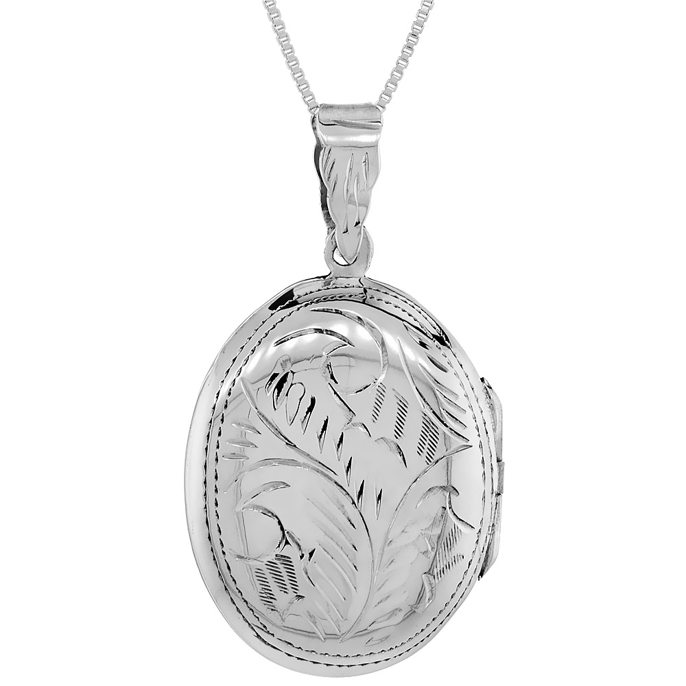 1 1/8 inch Large Sterling Silver Engraved Oval Locket Necklace for Women Handmade Available with or without Chain