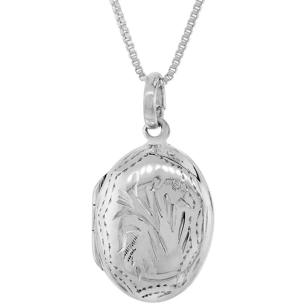 Small 9/16 inch Sterling Silver Engraved Oval Locket Necklace for Women Handmade Available with or without Chain