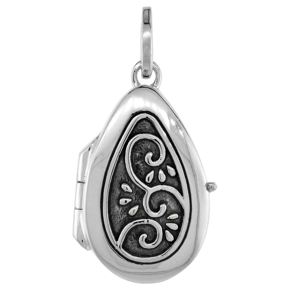 3/4 INCH SMALL STERLING SILVER SWIRL DESIGN TEARDROP LOCKET PENDANT FOR WOMEN FLAWLESS POLISHED FINISH NO CHAIN INCLUDED (NO CHAIN)