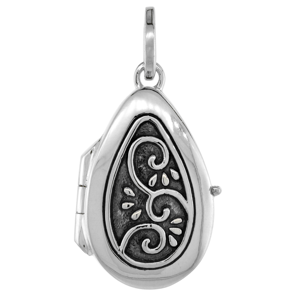 3/4 inch Small Sterling Silver Swirl Design Teardrop Locket Necklace for Women Flawless Polished Finish Available with or without Chain