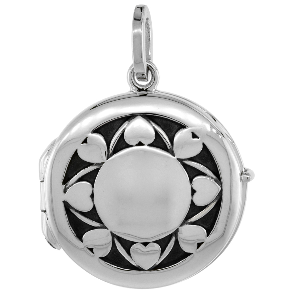 3/4 inch Small Sterling Silver Heart Pattern Round Locket Necklace for Women Flawless Polished Finish Available with or without Chain