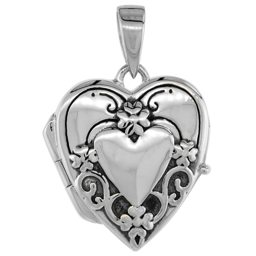 Dainty 5/8 inch Sterling Silver Embossed Heart Locket Pendant for Women Flawless Polished Finish No Chain Included