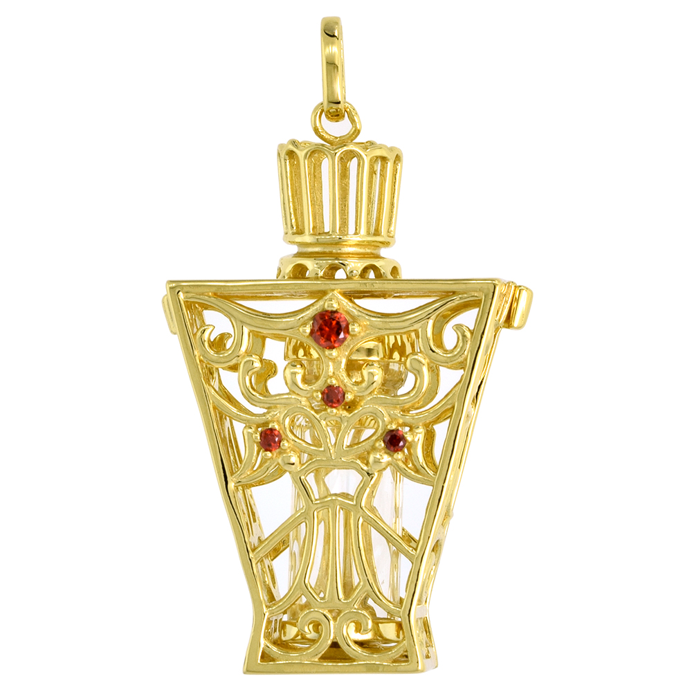 Sterling Silver Prayer Box / Urn Pendant Angel Motif Red CZ Gold Plated, 1 3/8 inch