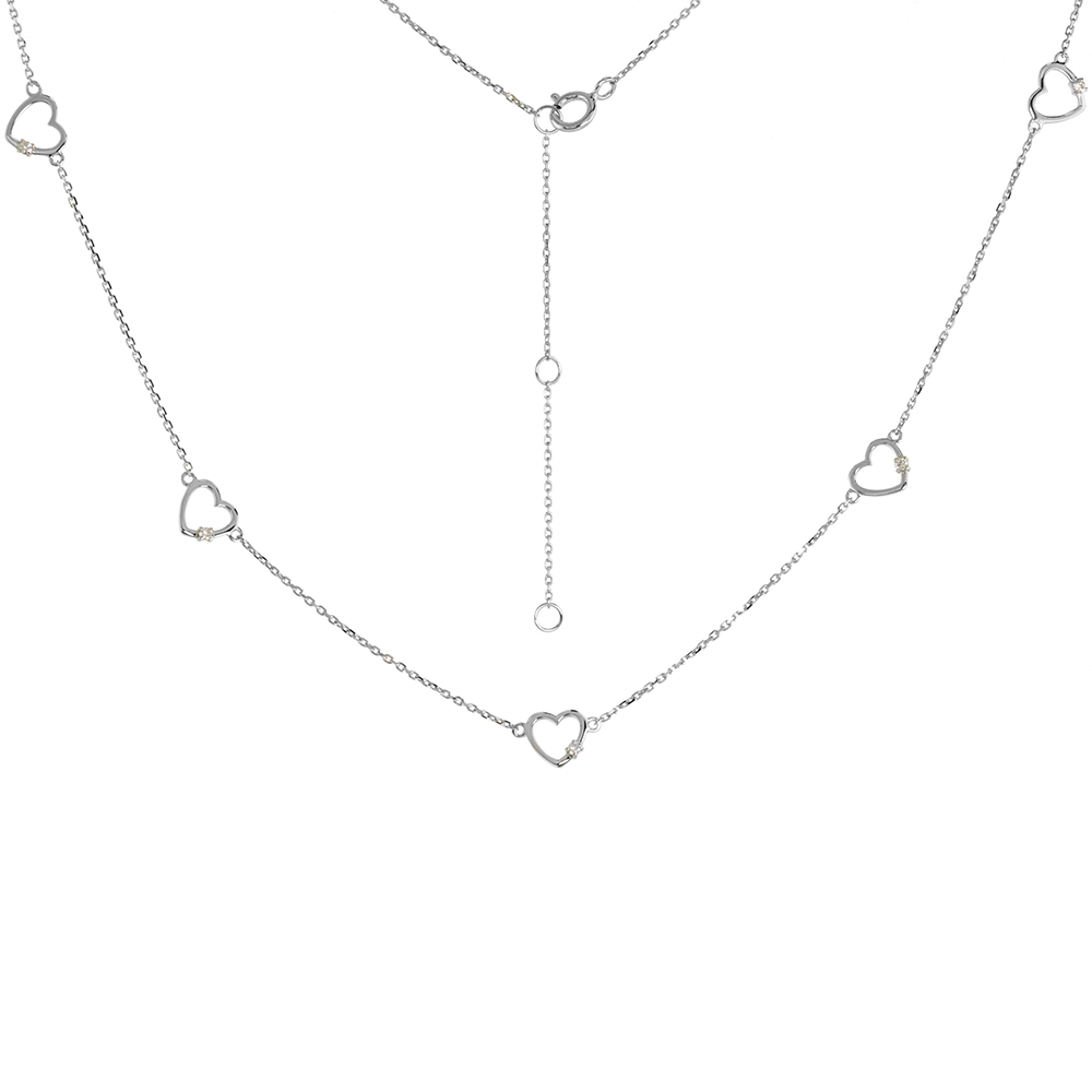 Dainty 14k White Gold Diamond Hearts Station Necklace 16-18 inch
