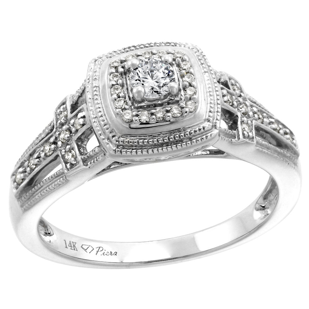 14k White Gold Genuine Diamond &amp; Color Gem Engagement Ring Round Brilliant cut 3mm, size 5-10