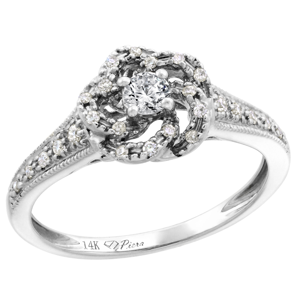14k White Gold Genuine Diamond & Color Gem Swirl Engagement Ring Round Brilliant cut 3mm, size 5-10