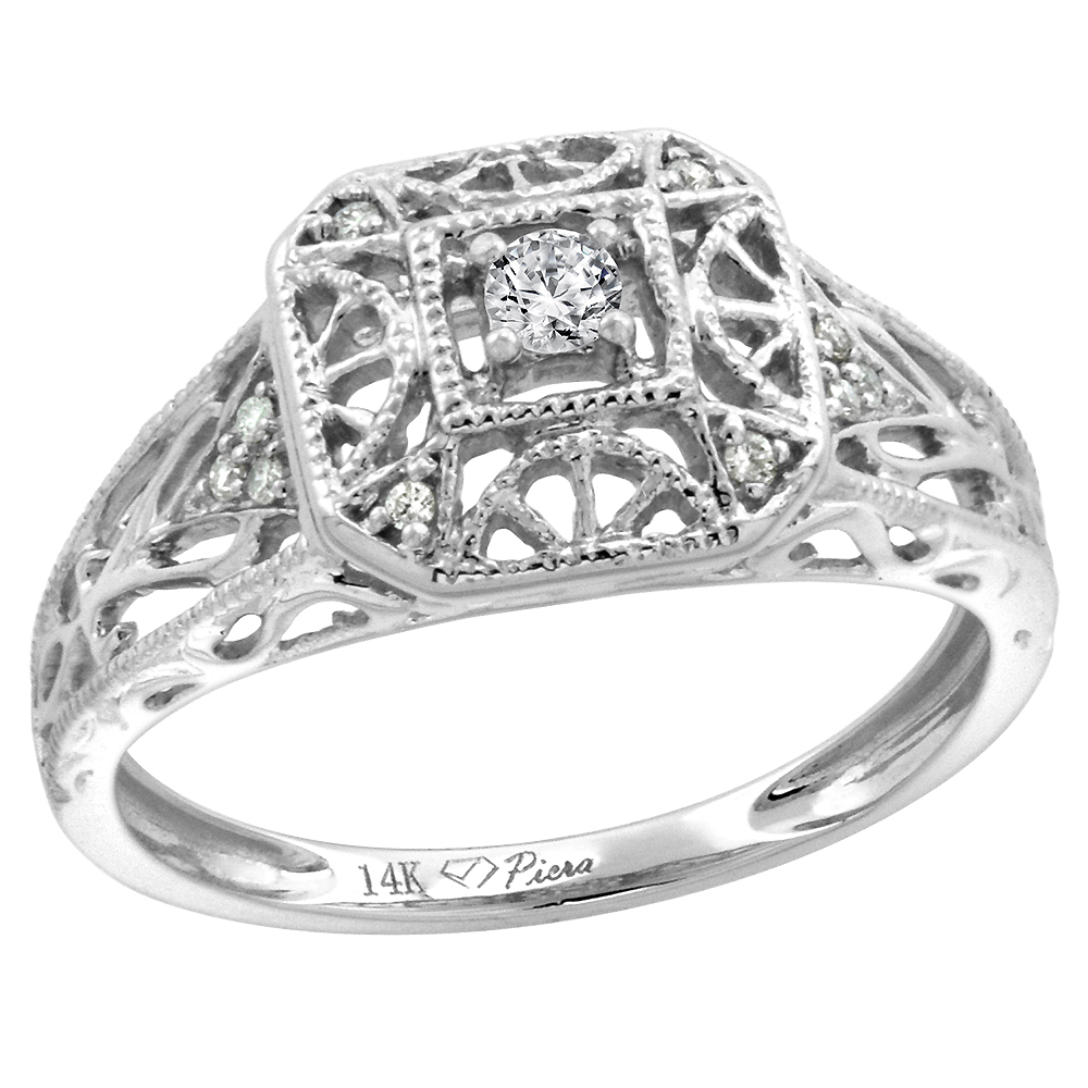14k White Gold Genuine Diamond &amp; Color Gem Engagement Ring Filigree Round Brilliant cut, size 5-10