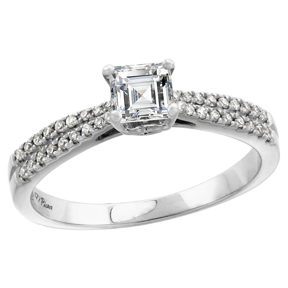 14k White Gold Genuine Diamond &amp; Color Gem Engagement Ring 0.16 cttw Princess cut 5x5mm, size 5-10