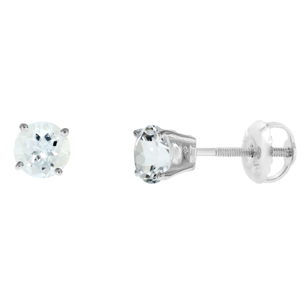 4MM 14K WHITE GOLD NATURAL AQUAMARINE STUD EARRINGS SCREW BACK ROUND 0.5 CTTW/PR