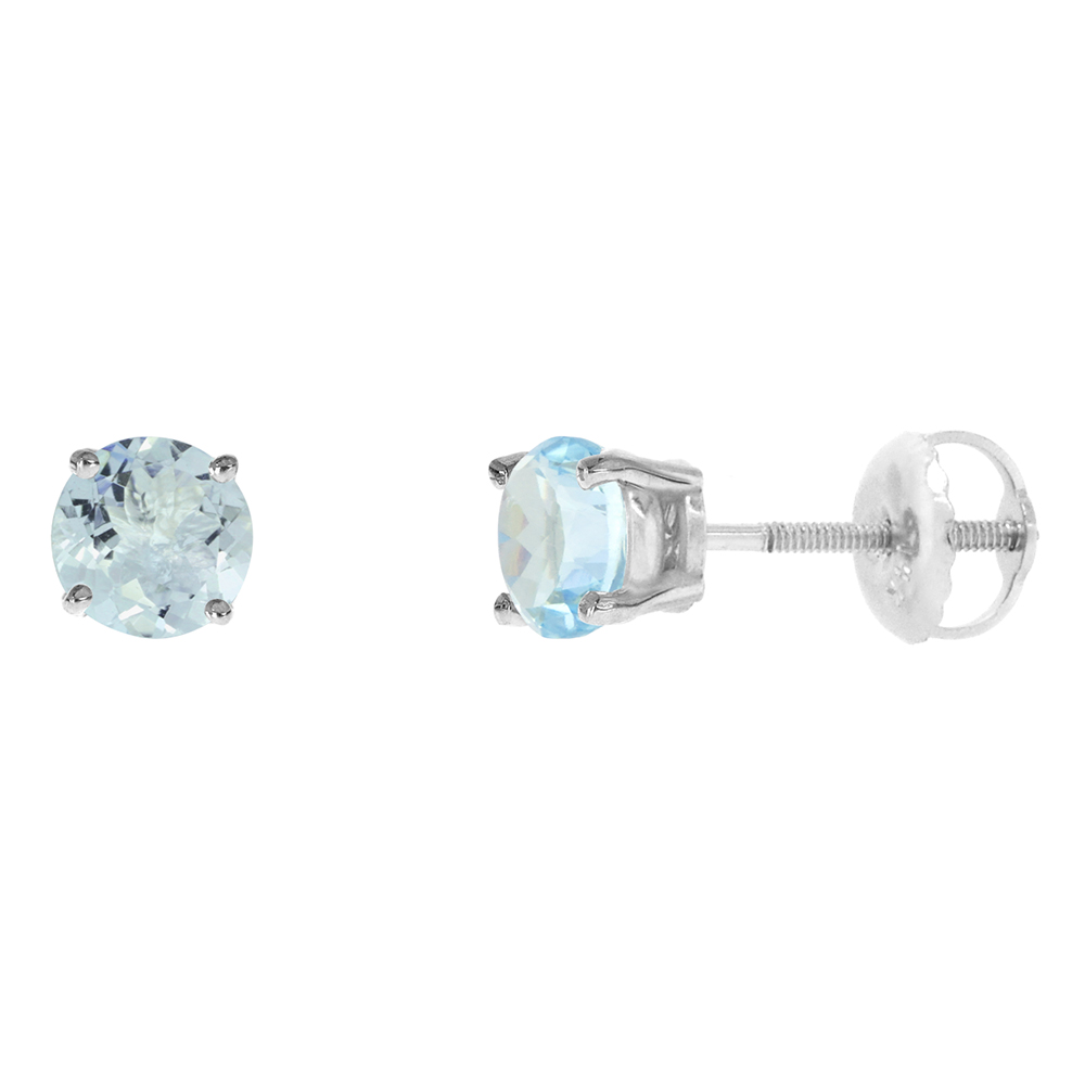 5MM 14K WHITE GOLD NATURAL AQUAMARINE STUD EARRINGS SCREW BACK ROUND 1 CTTW/PR
