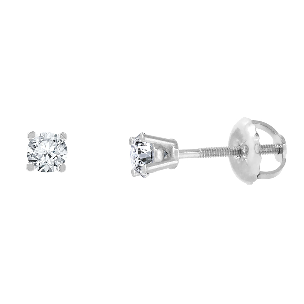 2.5MM 14K WHITE GOLD DIAMOND STUD EARRINGS SCREW BACK 4 PRONG BRILLIANT CUT 0.14 CT /PAIR