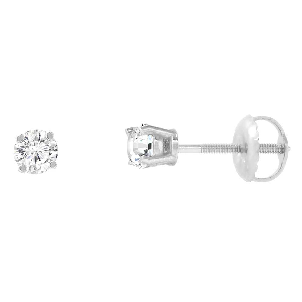 3.25MM 14K WHITE GOLD DIAMOND STUD EARRINGS SCREW BACK 4 PRONG BRILLIANT CUT 0.28 CT /PAIR