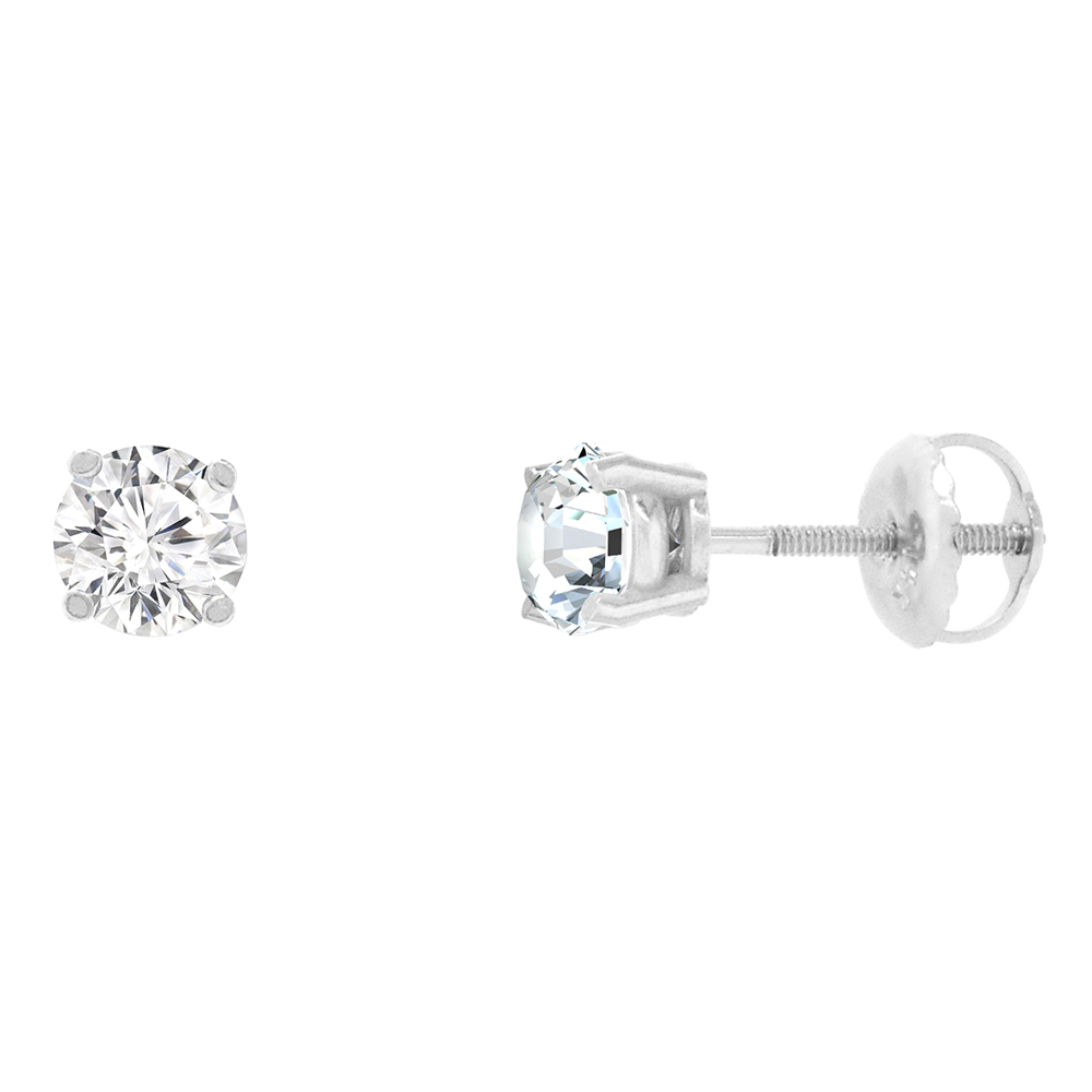 5MM 14K WHITE GOLD DIAMOND STUD EARRINGS SCREW BACK 4 PRONG BRILLIANT CUT 1 CT /PAIR