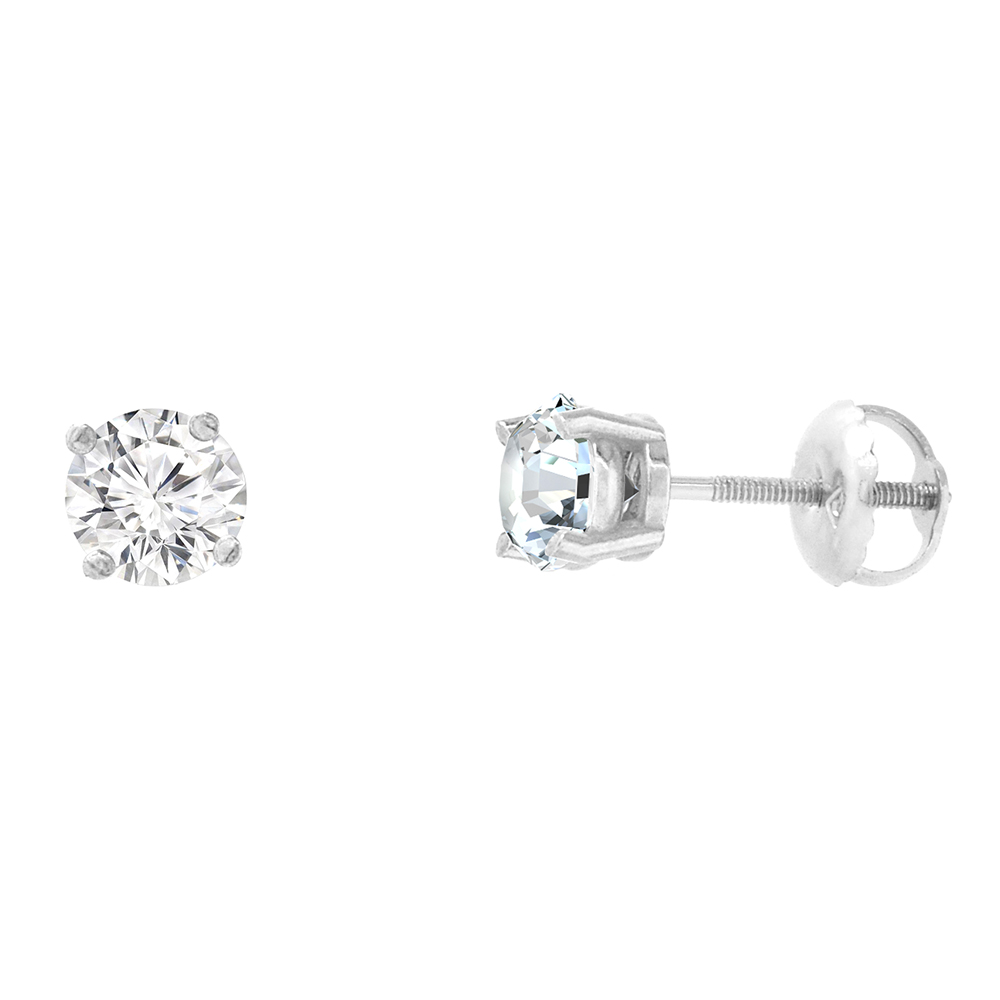5.5MM 14K WHITE GOLD DIAMOND STUD EARRINGS SCREW BACK 4 PRONG BRILLIANT CUT 1.30 CT /PAIR