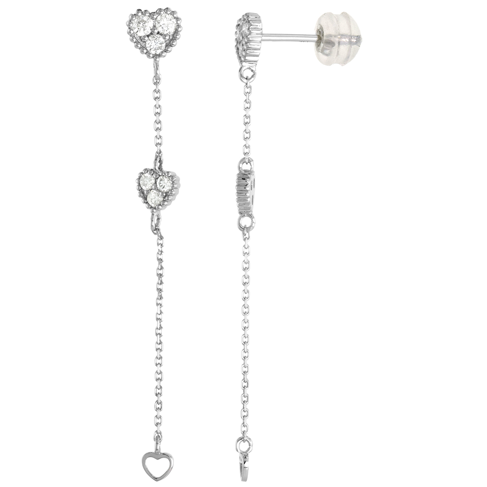 14k White Gold Diamond Graduated Triple Heart Dangle Earrings for Women 0.38 cttw 2 inch long