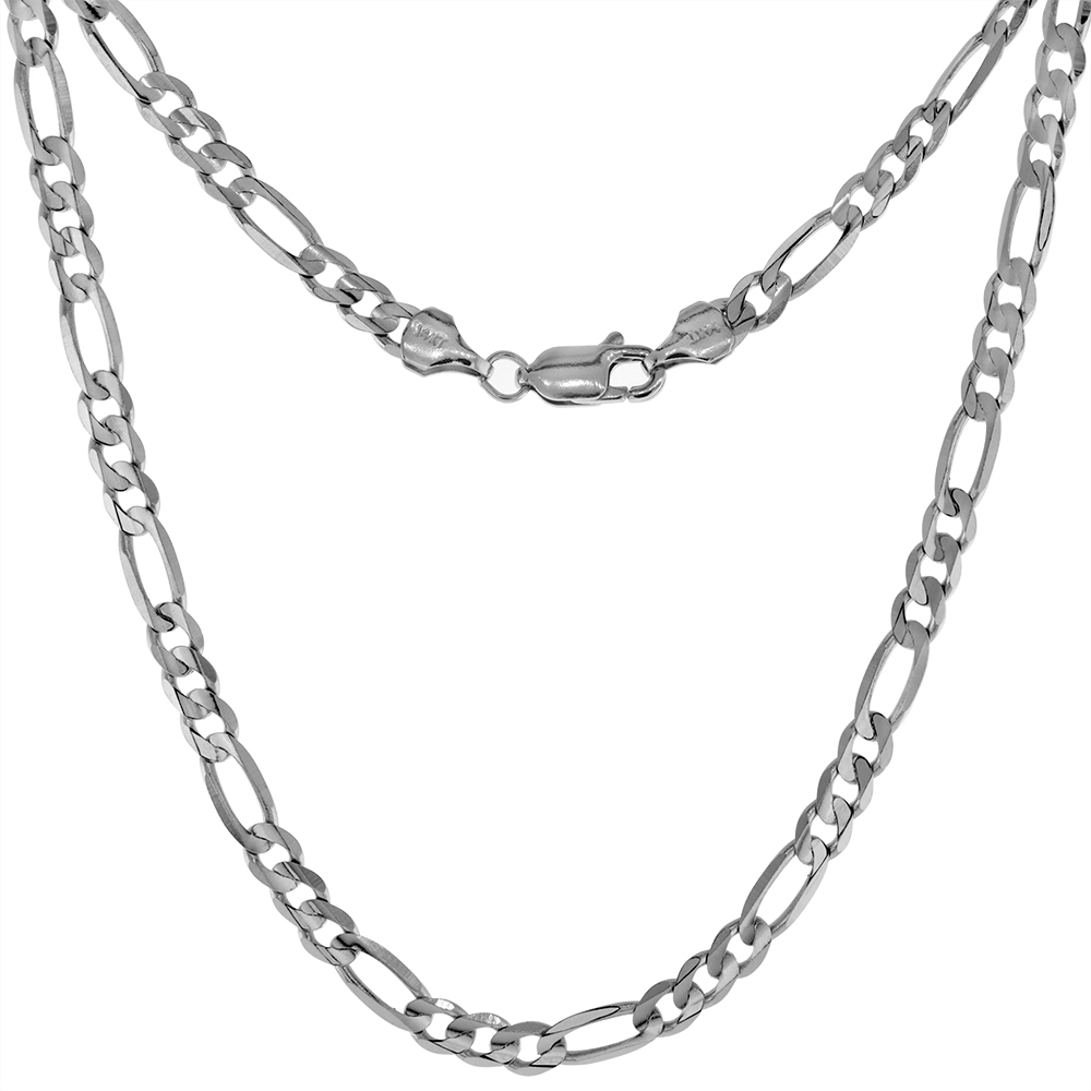 SOLID REAL 14K WHITE GOLD 4MM FIGARO CHAIN NECKLACES & BRACELETS FOR WOMEN & MEN BEVELED EDGES CONCAVED HIGH POLISHED 8-28 INCH