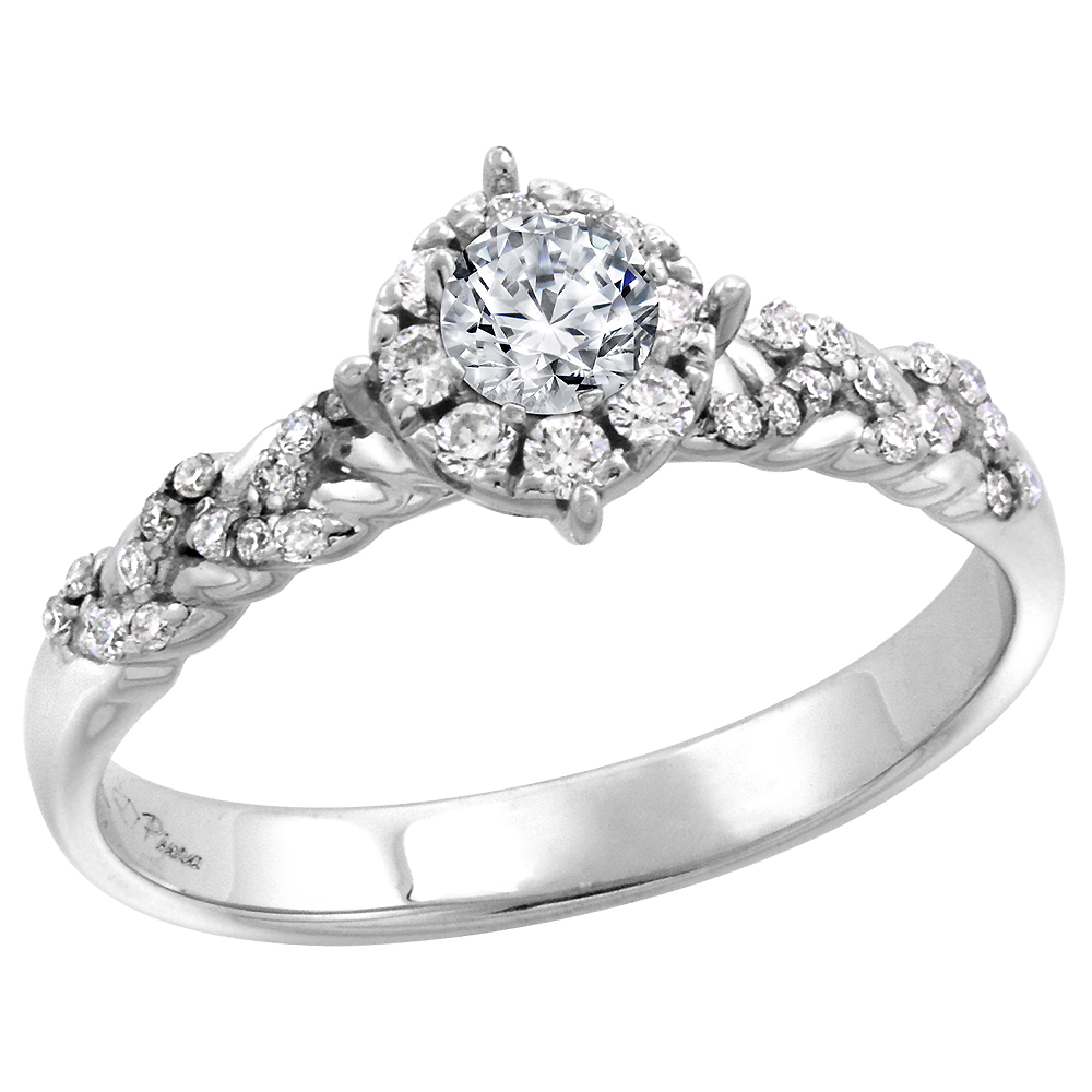 14k White Gold Diamond Halo Genuine Malachite Engagement Ring Round Brilliant cut 4mm, size 5-10